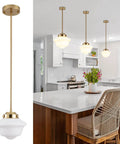 Black 8 Inch Milk Glass Schoolhouse Pendant Light With Adjustable Rods For Farmhouse Ceiling Dope Vintage Vibe Perfect For Living Room Kitchen Dining Hallway Island Pendant Lighting in modern kitchen setting.