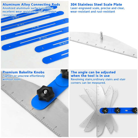 Stair Tread Template Tool Aluminum Alloy Jig showing connecting rods, steel scale plate, bakelite knobs, and adjustable angle tool.