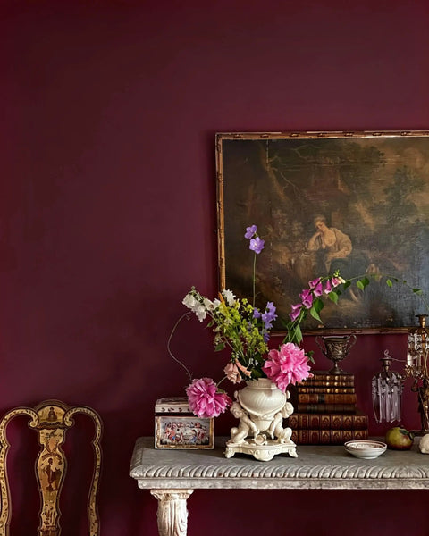 Retro Red Peel And Stick Wallpaper For Kitchen Cabinets And Accent Walls Removable Self Adhesive Vinyl Contact Paper Renter Friendly No Mess Setup For A Quick Home Refresh on elegant shelf with flowers and painting.