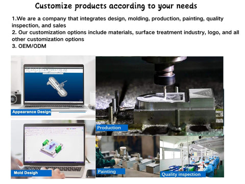 Collage showing product customization steps: design on laptops, mold creation, painting line, and quality inspection area.