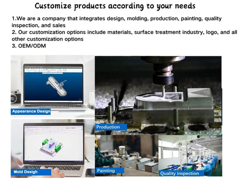 Collage of custom product design and manufacturing stages including mold design, production, painting, and quality inspection.