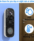 2K HDR Wireless Doorbell Camera with Rechargeable Battery mounted on wall, showing waterproof and temperature resistance features.