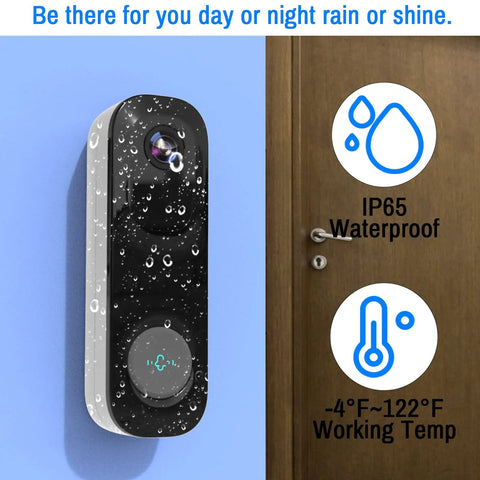2K HDR Wireless Doorbell Camera with Rechargeable Battery mounted on wall, showing waterproof and temperature resistance features.