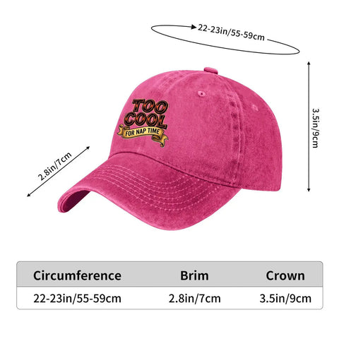 Too Cool For First Grade Beach Baseball Hat For Women Breathable Cotton Dad Cap in pink with size measurements