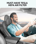 Man driving a Tesla with Tesla Model 3 And Model Y HEPA Cabin Air Filter With Activated Carbon OEM Replacement for fresh air quality