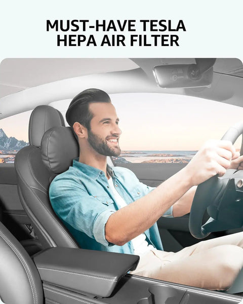 Man driving a Tesla with Tesla Model 3 And Model Y HEPA Cabin Air Filter With Activated Carbon OEM Replacement for fresh air quality