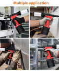 Professional Pneumatic Rivet Nut Gun Featuring Automatic Self Suction Loading And Four Quick Swap Nosepieces For Smooth Single Hand Operation on various work applications.