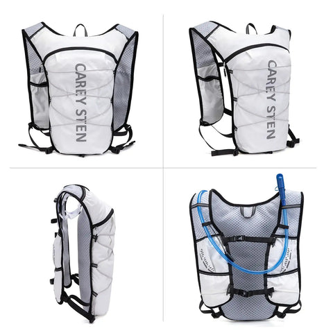 Ultra Lightweight Hydration Backpack For Women With 1.5L Water Bag No Bounce Running Vest in white, front, side, and back views