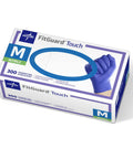 Medium Nitrile Exam Gloves, 300 Pack, Powder Free And Latex Free, Straight Up Soft For Hella Dexterity During Food Prep, Caregiving And Home Cleanups packaging with blue gloves.