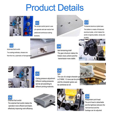 High Speed Automatic Electric Ribbon Code Printer For Production Dates And Batch Numbers On Flexible Packaging Film Plastic Leather Hot Stamping Coda Machine control panel, automatic foot switch, coding elements.