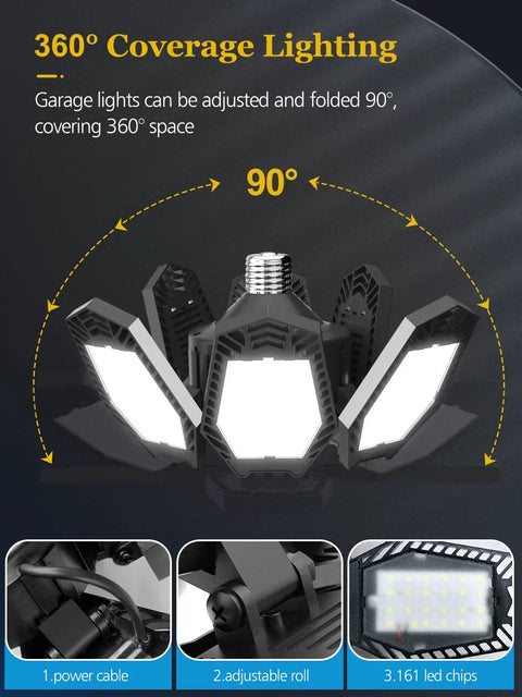 2 Pack LED Garage Light 120W Deformable 6 Plus 1 Panels 6500K Ceiling Shop Light E26 Base angle showcasing adjustable panels