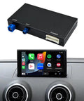 Audi Wireless CarPlay And Android Auto Retrofit Kit With Decoder Module For 3G MMI Systems 2008 To 2018 A4 A5 S4 S5 Q5 RS4 RS5 MirrorLink Navigation OEM Controls And Reverse Camera Plug And Play Upgrade displayed with car dashboard.