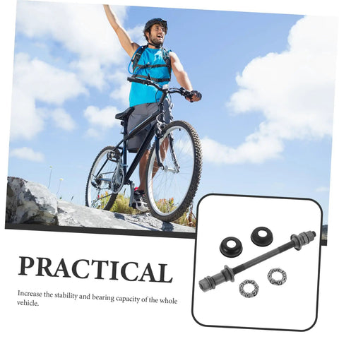 Beefy Heavy Duty Solid Rear Axle Kit For Mountain Bikes With Hub Ball Bearings, shown alongside a cyclist on a mountain trail.