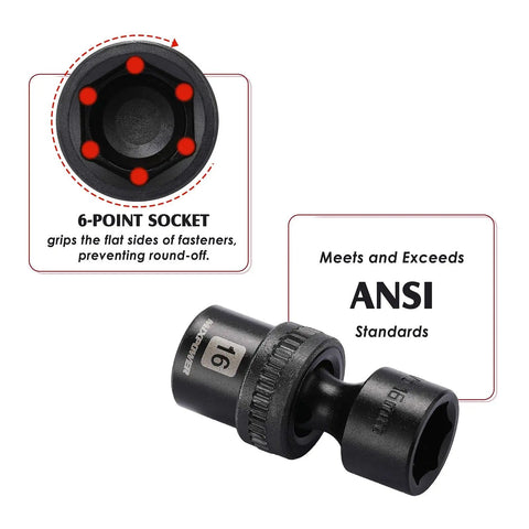 6-point socket from Shallow Universal Impact Socket Set Built Tough 3/8 Inch Drive, 6 Point, Metric 8-22mm, CR-MO Steel, ANSI standards.