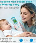 Non Contact Infrared Forehead Thermometer Medical Grade For Quick One Second Readings Ideal For Adults Kids And Babies Hospital Quality No Touch Fever Check White Finish, white handheld model used on sleeping baby