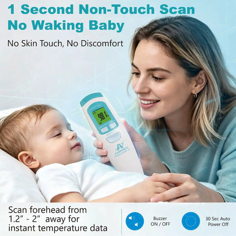 Non Contact Infrared Forehead Thermometer Medical Grade For Quick One Second Readings Ideal For Adults Kids And Babies Hospital Quality No Touch Fever Check White Finish, white handheld model used on sleeping baby
