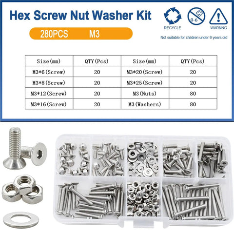 Hexagonal Countersunk Screw Nut Washer Set M2 To M6 Heavy Duty 304 Stainless Hardware Kit For Electronics DIY Projects Home Repairs And Metalworking Built To Handle Tough Jobs With Hex Bolts Nuts Washers And Spacers, M3 set