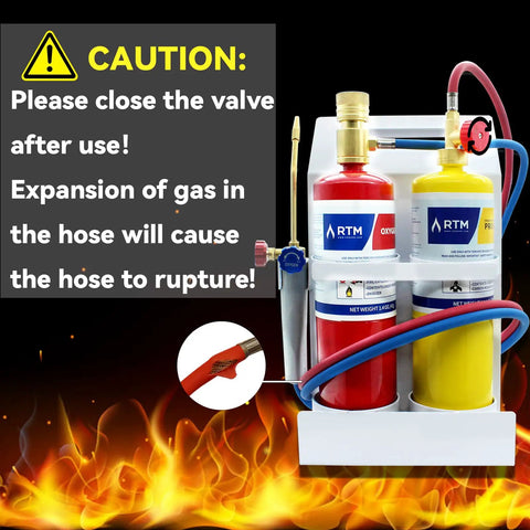Oxygen MAPP Pro Grade Torch Kit with dual cylinders on stand for soldering, caution sign about valve safety, flames in background.
