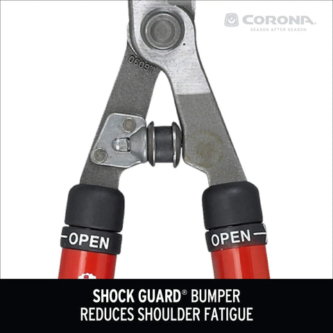 Extendable Hedge Shear With 15 To 26 Inch Reach, 8.5 Inch Forged High Carbon Steel Blades, Lightweight Red Handles, Shock Stop Bumper