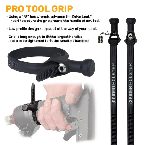 Pro tool grip for Clip On Tool Holster For Your Belt A Self Locking Dock Station with adjustable strap and hex wrench feature.