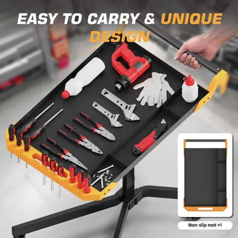 Adjustable Height Mobile Work Table With Rolling Tool Cart And Drills Storage, Heavy Duty Metal Mechanic Workbench, tools displayed