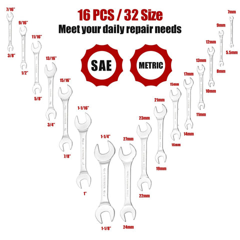 Super Thin Open End Wrench Set, 16 Piece SAE And Metric Wrenches For Tight Spots, sizes 3/8 to 1-1/4 inch, 5.5 to 27 mm