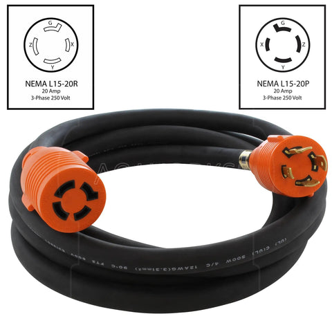 Locking NEMA L15-20 Extension Cord 20A 250V 12/4 SOOW Rubber, 3-Phase Industrial Power Cord coiled, connectors visible
