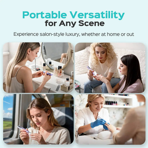 People using Cordless Nail Drill Kit With LED Display Adjustable Speeds And Professional Nail File For Acrylic Gel Powder in various settings.