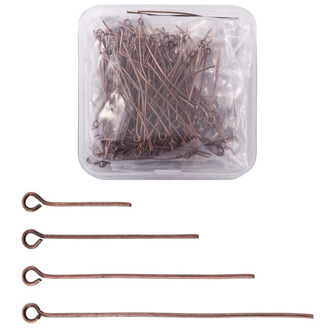 Red Copper Eye Pin Set 600 Pcs Open Eye Pins 21 Gauge In Four Lengths 18mm 30mm 40mm 50mm For Jewelry Making Earring Dangles Charms Findings And Head Pins For Easy Crafting, assorted lengths in plastic case