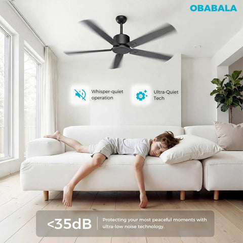 52 Inch Black Modern Ceiling Fan No Light With Five Blades Dual Finish Six Speed Quiet DC Motor Reversible For Patio Garage And Bedroom Energy Efficient Whisper Quiet Under 35dB, installed in a bright living room with a boy relaxing on a sofa.