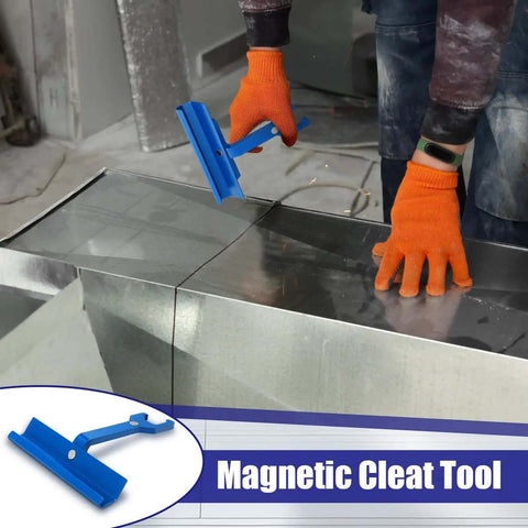 Worker using a 4 Inch Magnetic TDC TDF Clip Cleat Tool For PPC PPF Clips With Magnets HVAC Duct Stretcher on sheet metal.