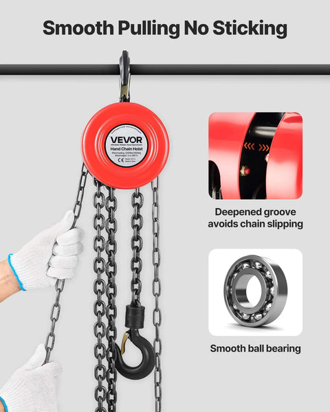 1 Ton Hand Chain Hoist With 10 Ft Lift Height And Galvanized G70 Chain shown in use, close-up of deepened groove and smooth ball bearing