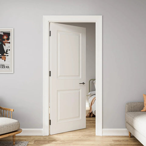 Open door with adjustable tension door hinges in a living room