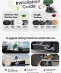 Installation guide for MagSafe Car Mount Charger with 25W Fast Wireless Power, showing ideal surfaces and usage tips.
