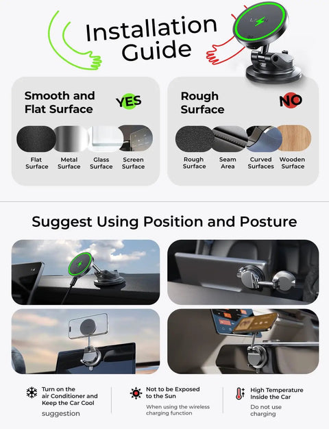 Installation guide for MagSafe Car Mount Charger with 25W Fast Wireless Power, showing ideal surfaces and usage tips.