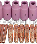 Prograde TIG Welding Torch Parts Kit featuring collet bodies, assorted ceramic cups and alumina nozzles for Lincoln Miller Weldcraft.
