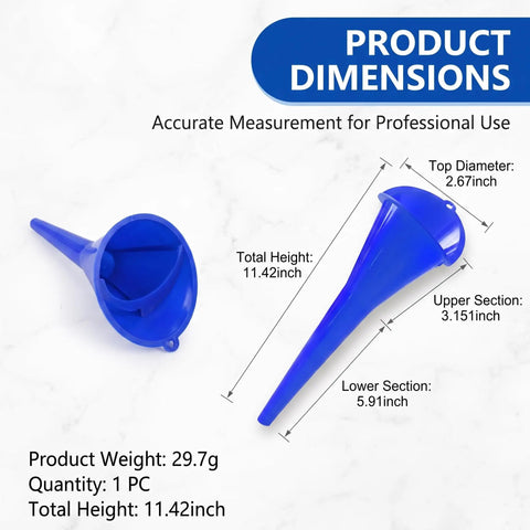 Heavy Duty Long Neck Oil Funnel Set For Cars Trucks And Suv With Wide Pour Spout shows dimensions including height and diameter.
