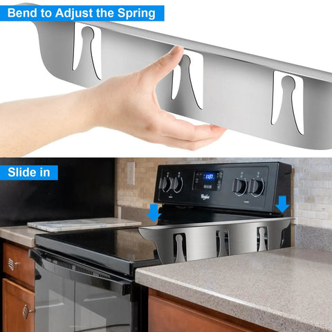 Stainless Steel Stove Gap Covers 2 Pack, Heat Resistant Kitchen Gap Filler installed between stove and counter with hand adjustment.