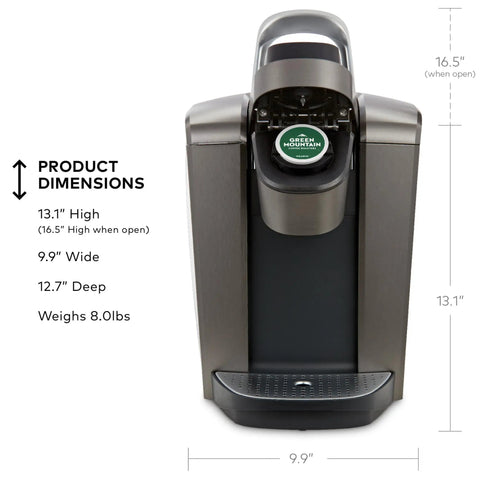 Kick Up Your Morning Routine With This Dope Single Serve Coffee Maker Featuring K Cup Compatibility Strong Brew And Iced Settings Programmable Temp Control Plus Multiple Cup Sizes In Solid Brushed Slate display showing dimensions and design features.