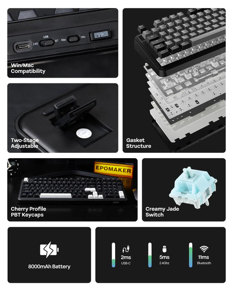 Tri Mode Wireless Mechanical Keyboard Pumping Out Power From A Massive Eight Thousand Mah Battery And Delivering Butter Smooth Typing For Weekend Warriors And Tech Junkies showing gasket structure and connectivity options.