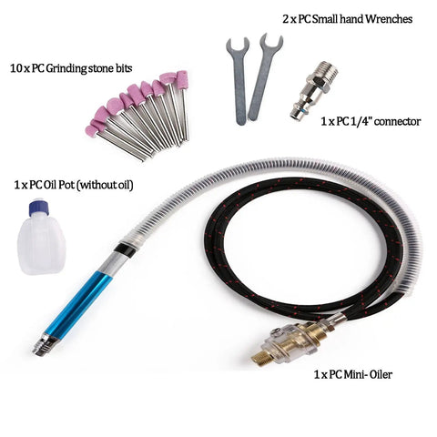 Air Micro Grinder Pencil Die Grinder One Eighth Inch Collet 3mm with accessories including wrenches and grinding stone bits