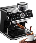 Top Tier Automatic Espresso Machine With Built In Grinder 18 Precision Settings 3.5 Liter Tank 20 Bar Pump One Touch Auto Wash close-up view.