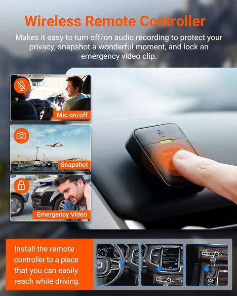 Wireless remote controller for Dual Front And Rear Dash Cam With 2.7K Plus 2.7K Recording, STARVIS Sensors functionality options.