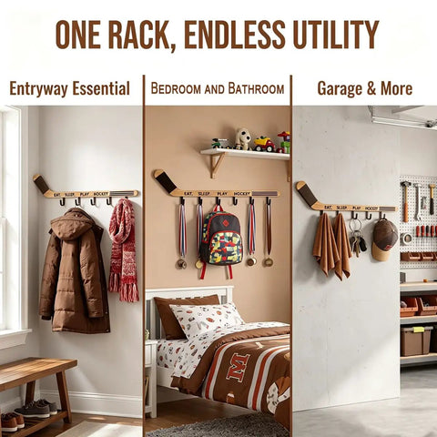 Premium Quality Top Tier Solid Wood Hockey Stick Wall Mounted Coat Rack Featuring Six Heavy Duty Hooks in various uses.