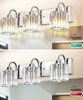 Three-Light Brushed Nickel Vanity Light Fixture For Bathroom Over Mirror With Crystal Accents, on and off display