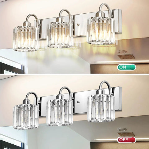 Three-Light Brushed Nickel Vanity Light Fixture For Bathroom Over Mirror With Crystal Accents, on and off display
