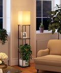 Floor Lamp With Shelves 4 Tier Storage Modern Shelf Floor Lamp With LED Bulb Three Color Temperature Display lit in room