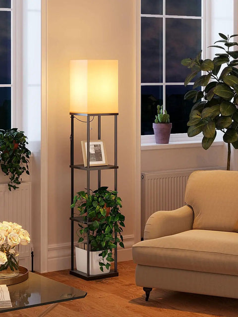 Floor Lamp With Shelves 4 Tier Storage Modern Shelf Floor Lamp With LED Bulb Three Color Temperature Display lit in room