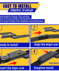 Installation steps for Volkswagen Tiguan Wiper Blades Set Of 3 OEM Replacement showing how to align and insert wiper arm for easy install.