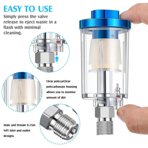 Close-up of 2 Pack Air Regulator Valve with Pressure Gauge and Water Trap Filter, 1 Quarter Inch Connection, held by hand